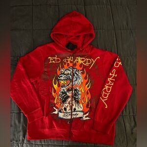 Ed Hardy 🐅 Full Zip Red Hoodie with Tattoo Inspired Graphic Design NWT